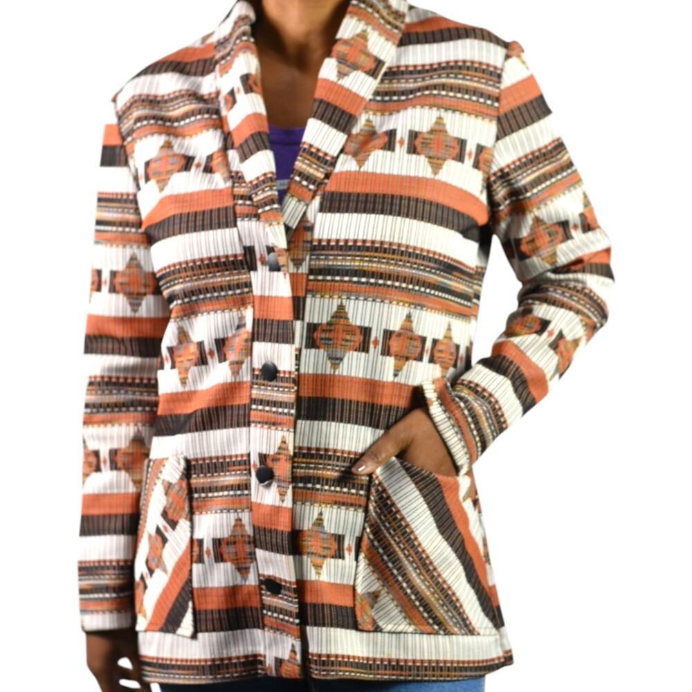 Vintage Southwestern Print Blazer Jacket Brown 70s Orange Geometric Knit Medium